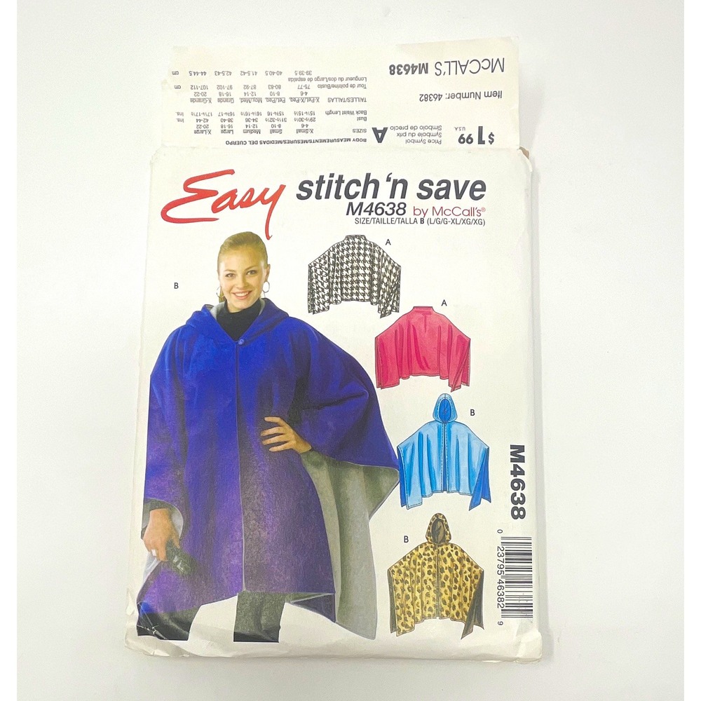 McCall's M4638 Stitch 'n Save Reversible Hooded Poncho Pattern Misses L-XXL